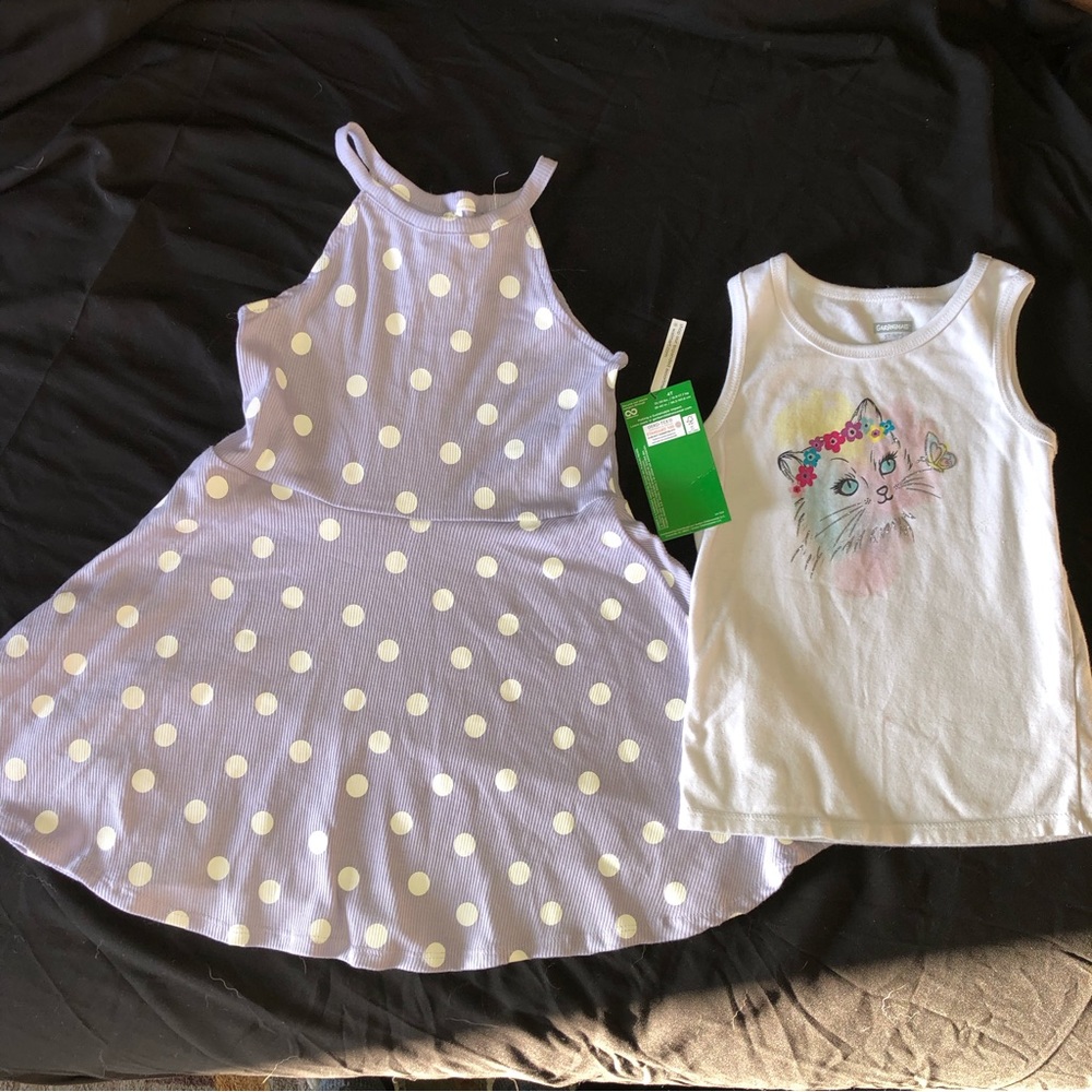 Girls purple polka dot dress and white cat tank top.